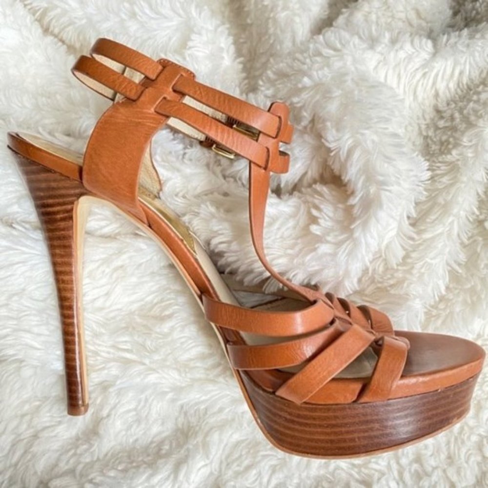 Michael Kors Tan Leather Platform Heels Strappy Sandals Size 10 - Picture 10 of 16